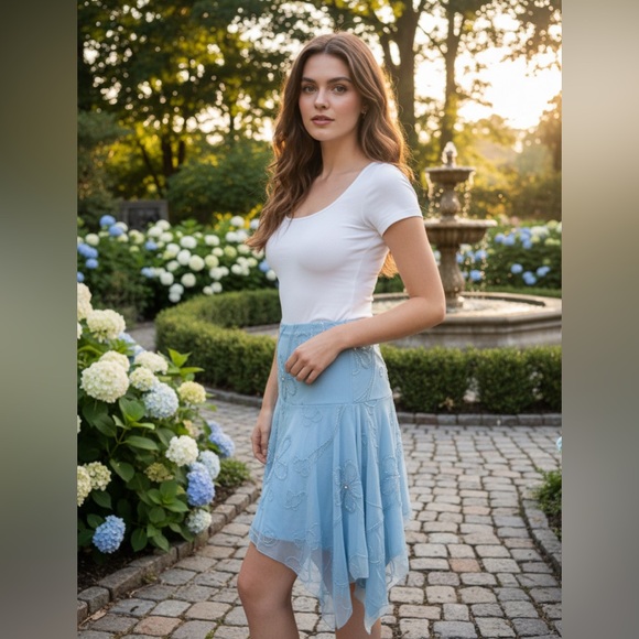 Light Blue Floral hand beaded Attitudes by Debra top and skirt set. - Picture 15 of 16